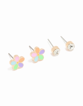 Radiant Essential Gold Diamante & Multicoloured Flower Stud Earrings 2-Pack