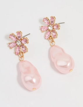 Shine Bright Formal Fashion Gold Diamante & Pink Pearl Flower Drop Earrings
