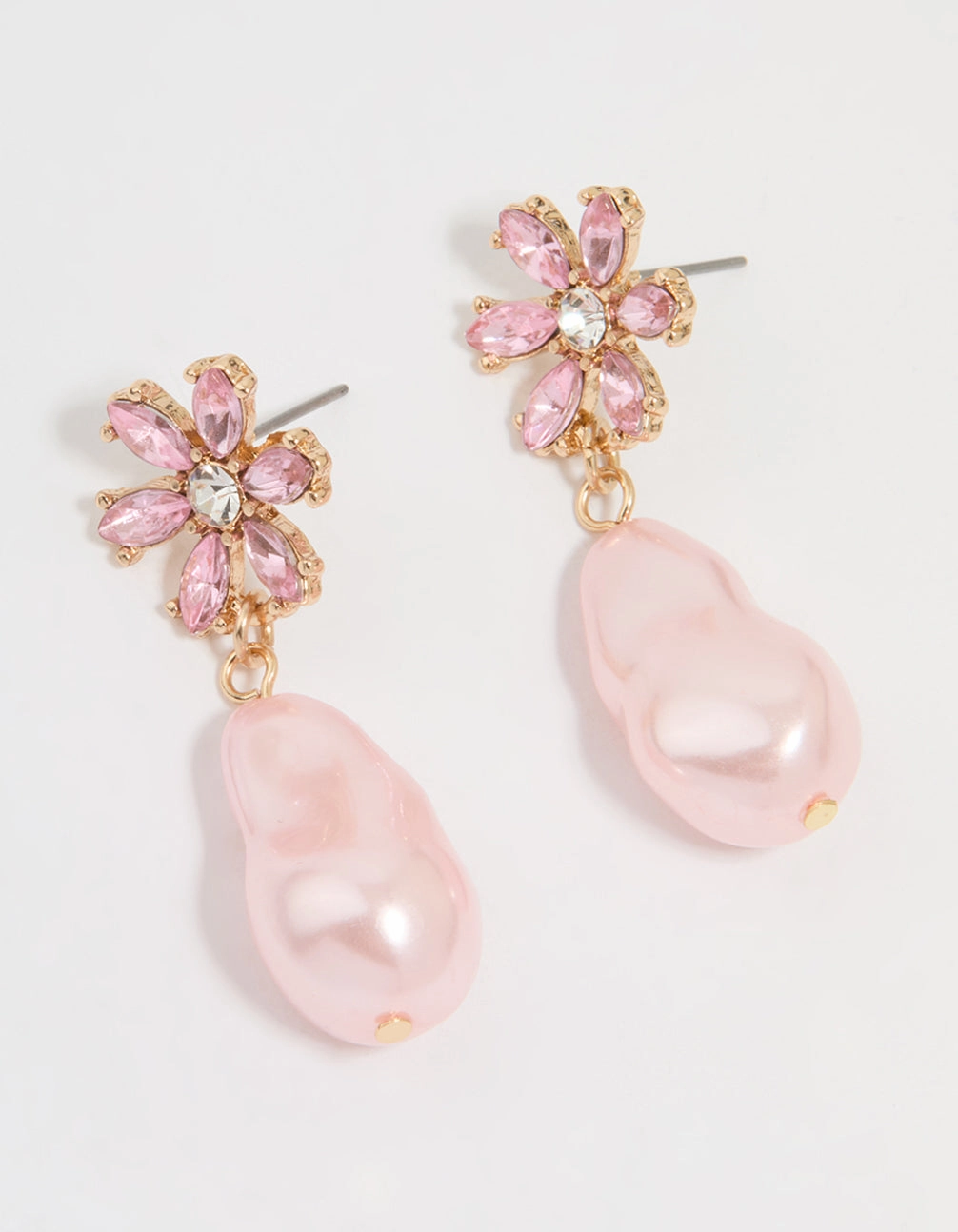 Shine Bright Formal Fashion Gold Diamante & Pink Pearl Flower Drop Earrings