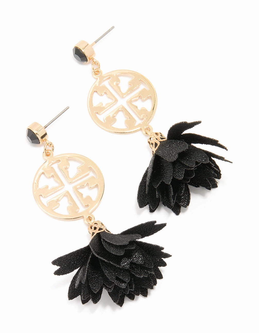 Contemporary Vibe Gold Diamante Black Textured Fabric Drop Earrings
