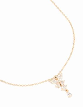 Best Present Gold Diamante Butterfly Drop Necklace
