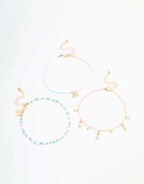 Gold Diamante Fish & Blue Beaded Anklets 3-Pack Signature Trend