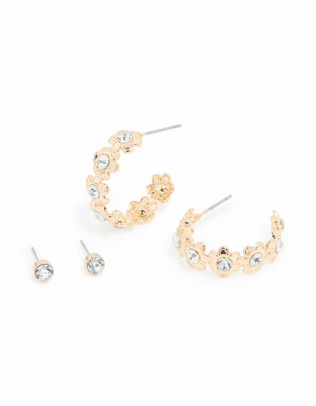 Attractive Adornment Gold Diamante Flower Hoop & Classic Stud Earrings 2-Pack