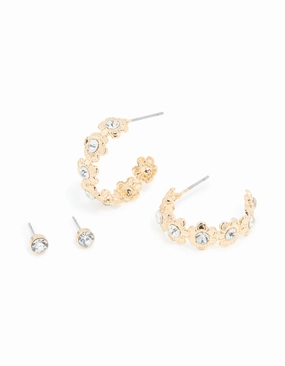 Attractive Adornment Gold Diamante Flower Hoop & Classic Stud Earrings 2-Pack