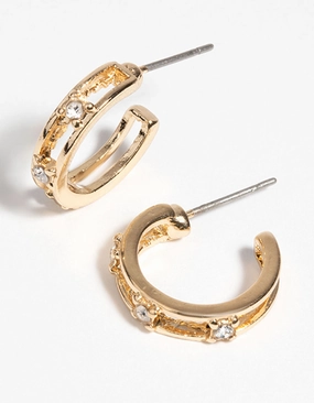 Gold Diamante Huggie Hoop Earrings Sturdy Selection Linear Item