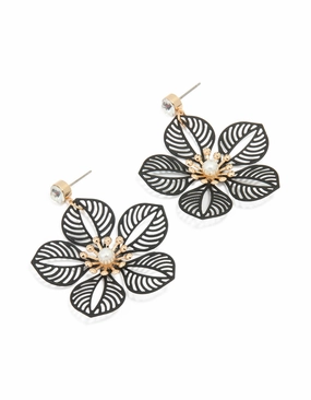 Festive Decoration Gold Diamante Pearl Black Filigree Flower Drop Earrings