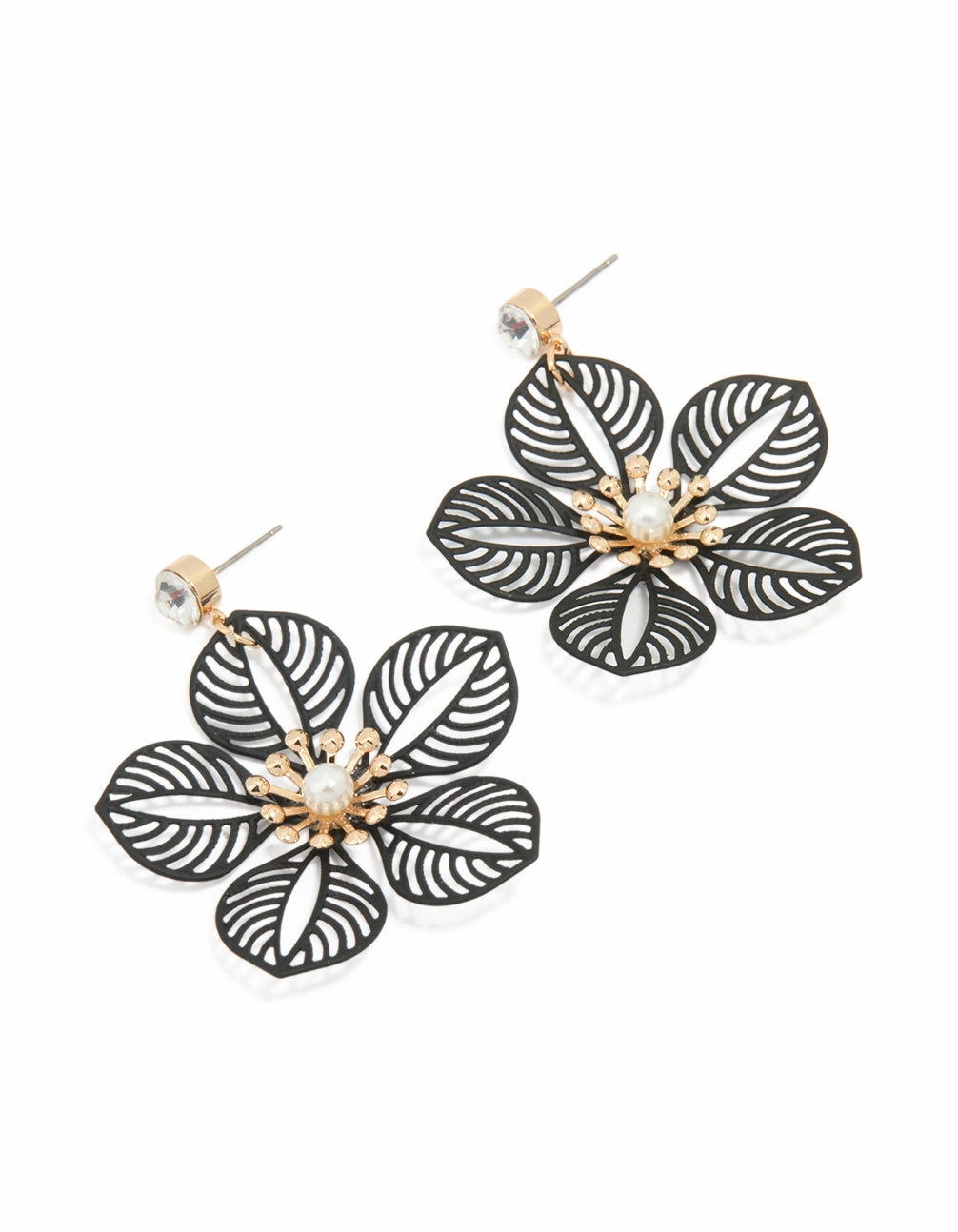 Festive Decoration Gold Diamante Pearl Black Filigree Flower Drop Earrings