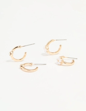 Chic Design Vibrant Ornament Gold Diamante Pearl Flower Hoop Earrings 2-Pack