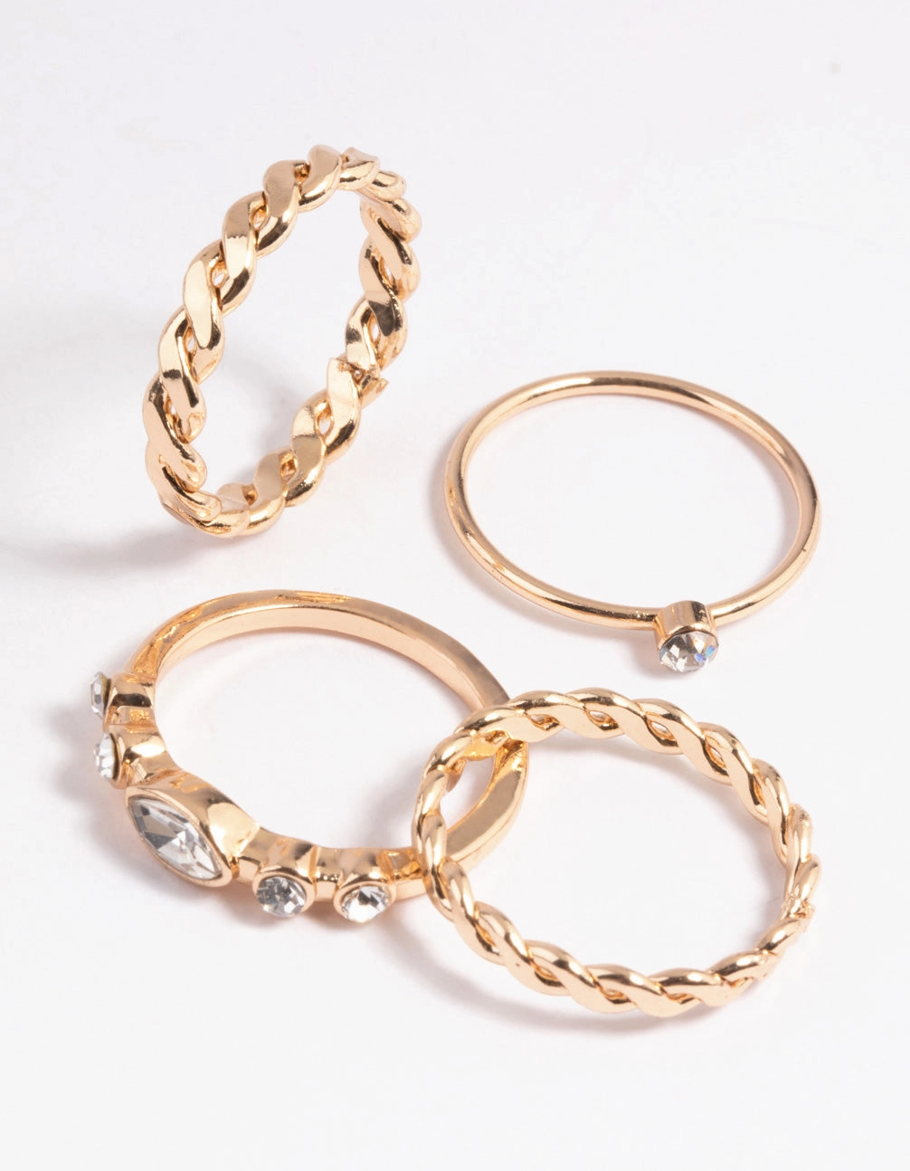 Stylish Expression Gold Diamante Twisted Ring Stack 4-Pack