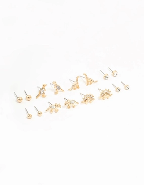 Miniature Decoration Gold Dinosaur & Diamante Stud Earrings 8-Pack