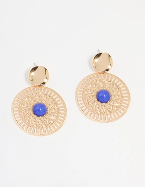Miniature Embellishment Gold Filigree & Blue Marble Center Drop Earrings