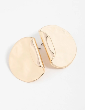 Round Item Gold Folded Molten Disc Stud Earrings