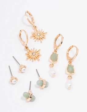 Personalized Craft Gold Green Aventurine Celestial & Pearly Earring 4-Pack