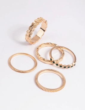 Gold Green Diamante & Leaf Rings 5-Pack Beautiful Gift