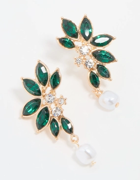 Gold Green Diamante & Pearl Marquise Stud Earrings Balanced Design