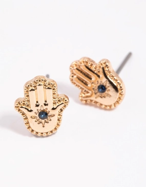 Gold Hamsa Hand Stud Earrings Retro accessory Shiny Design