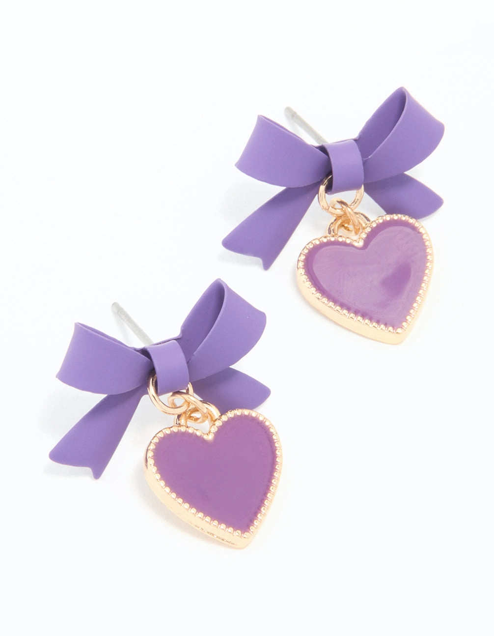 Gold Light Purple Coated Metal Bow Heart Drop Stud Earrings Metallic Accessory