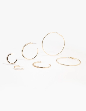 Gold Mixed Diamante & Pearl Hoop Earrings 3-Pack Large Ornament Wedding Trinket