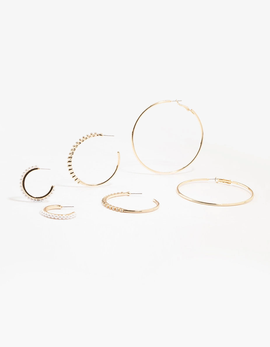 Gold Mixed Diamante & Pearl Hoop Earrings 3-Pack Large Ornament Wedding Trinket