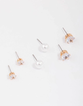 Gold Pearl & Diamante Stud Earring 3-Pack Dazzling Touch