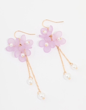 Beautiful Selection Gold Pearl & Pink Flower Chain Drop Earrings