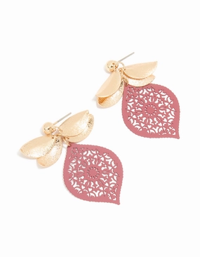 Gold Pink Filigree & Textured Leaf Drop Earrings Graceful Detail