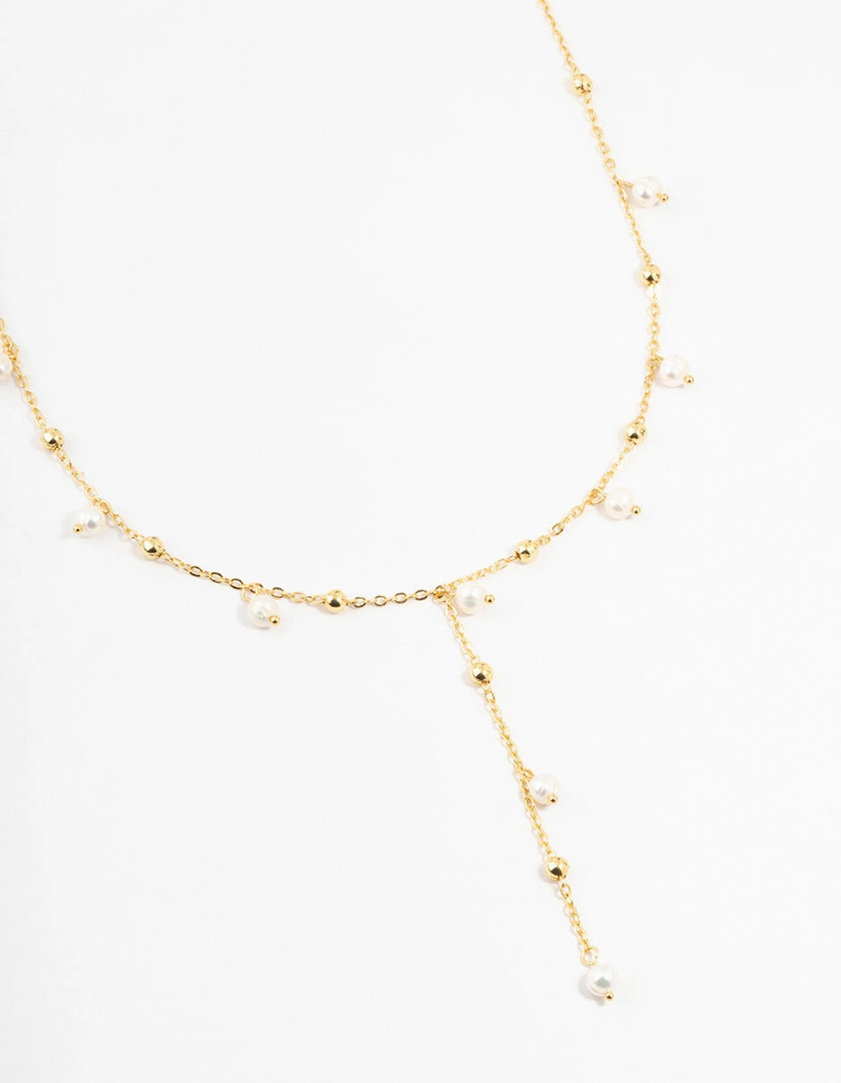 Effortless Look Gold Plated Alternating Pearl & Ball Y Necklace