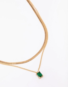 Gold Plated Baguette Snake Emerald Layered Necklace Contemporary Mood For Him