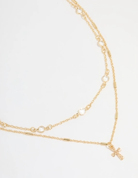 Personal Statement Gold Plated Bezel Chain & Cross Layered Necklace