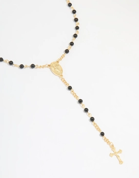 Gold Plated Black Onyx & Cross Lariat Necklace High-End Item