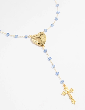 Travel Item Gold Plated Blue Beaded Heart Locket & Cross Y-Necklace