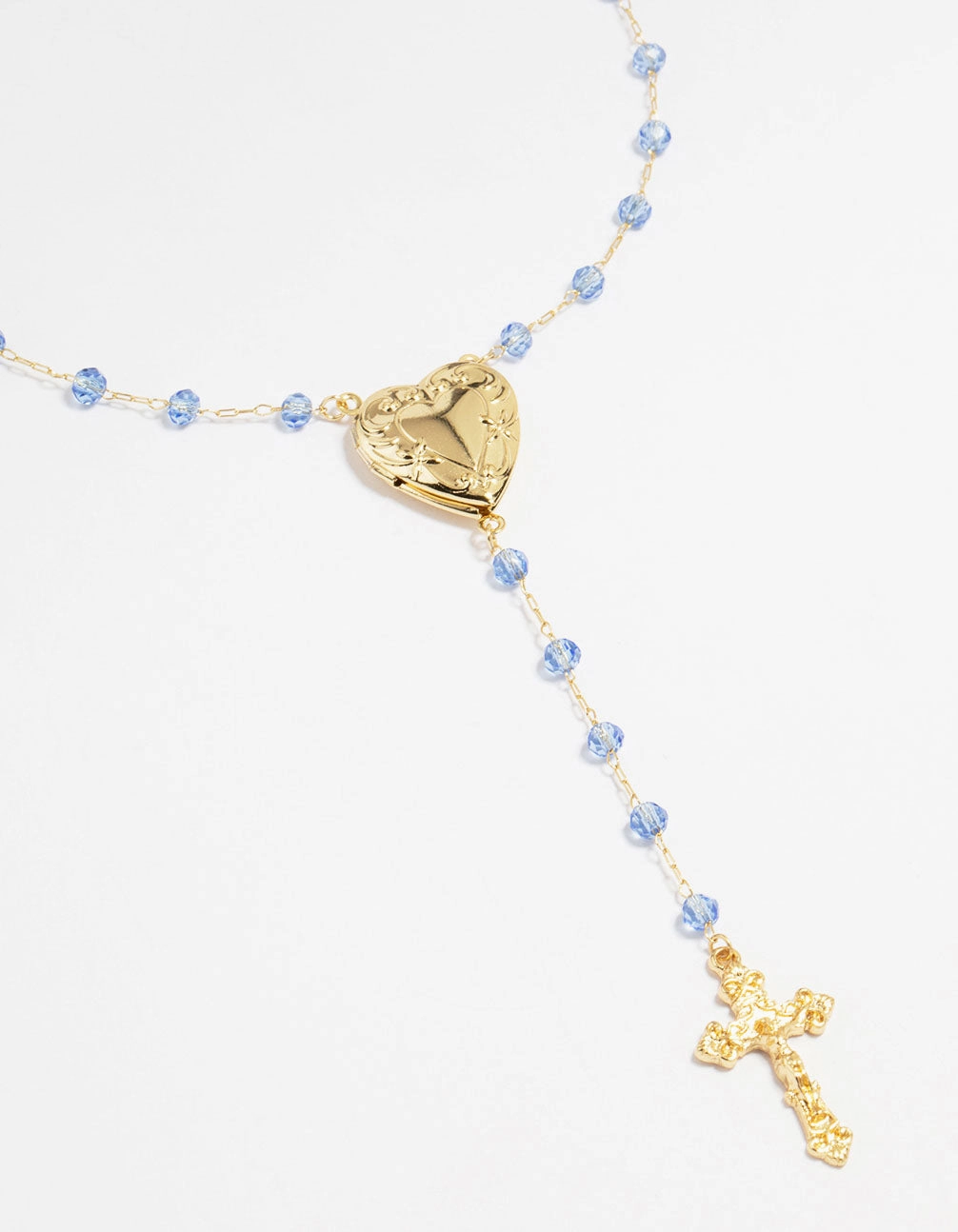 Travel Item Gold Plated Blue Beaded Heart Locket & Cross Y-Necklace