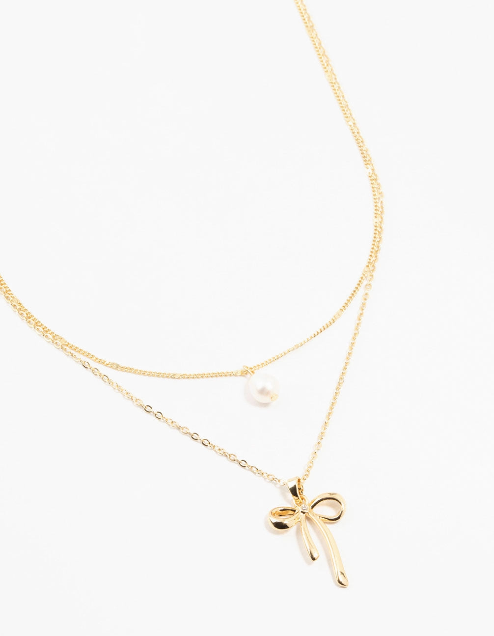 Gold Plated Brass Bow & Pearl Layered Necklace Chic Jewelry