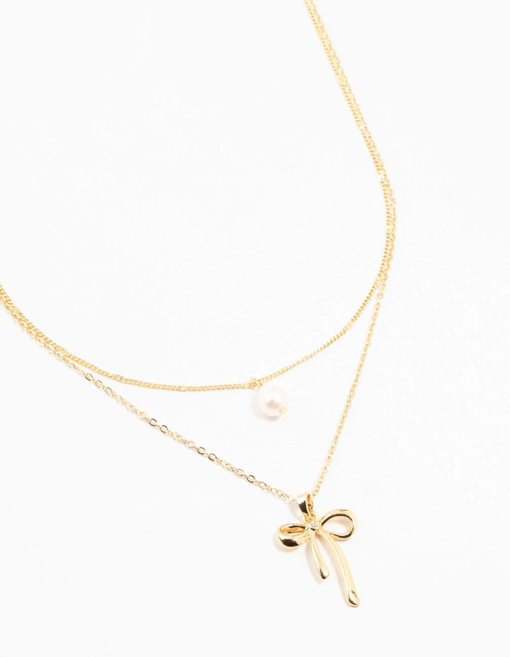 Gold Plated Brass Bow & Pearl Layered Necklace Wedding Style Evening Shine