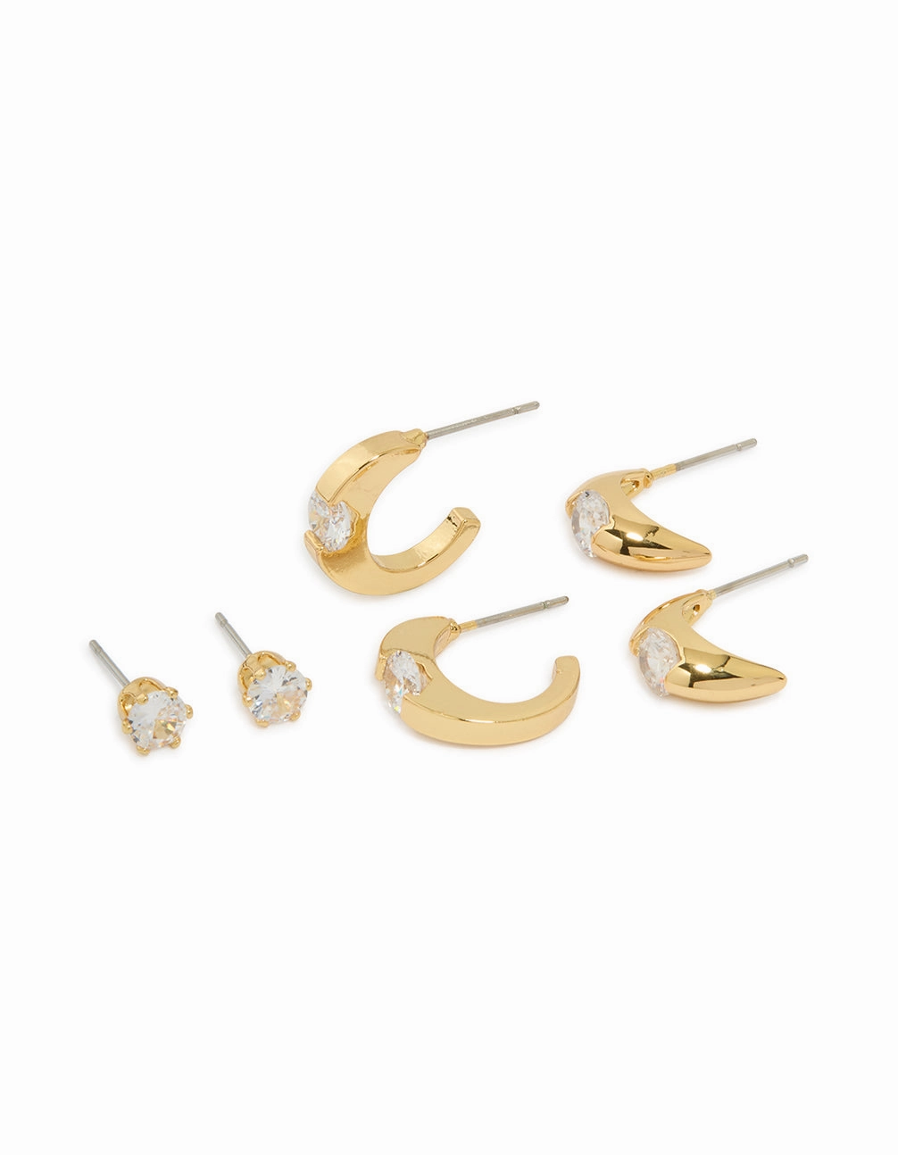 Exquisite Style Gold Plated Brass Cubic Zirconia Inlay Stud & Huggie Earrings 3-Pack