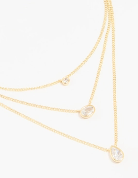 Knotted Piece Gold Plated Brass Cubic Zirconia Layered Necklace