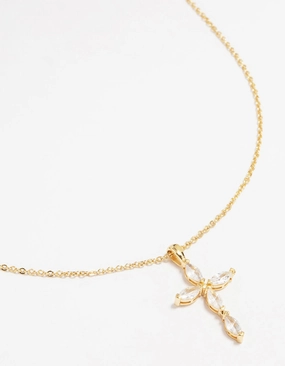 Gold Plated Brass Cubic Zirconia Marquise Cross Pendant Necklace Bold Detail Simple Piece