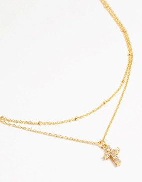 Modern Vibe Gold Plated Brass Cubic Zirconia Mini Cross Layered Necklace