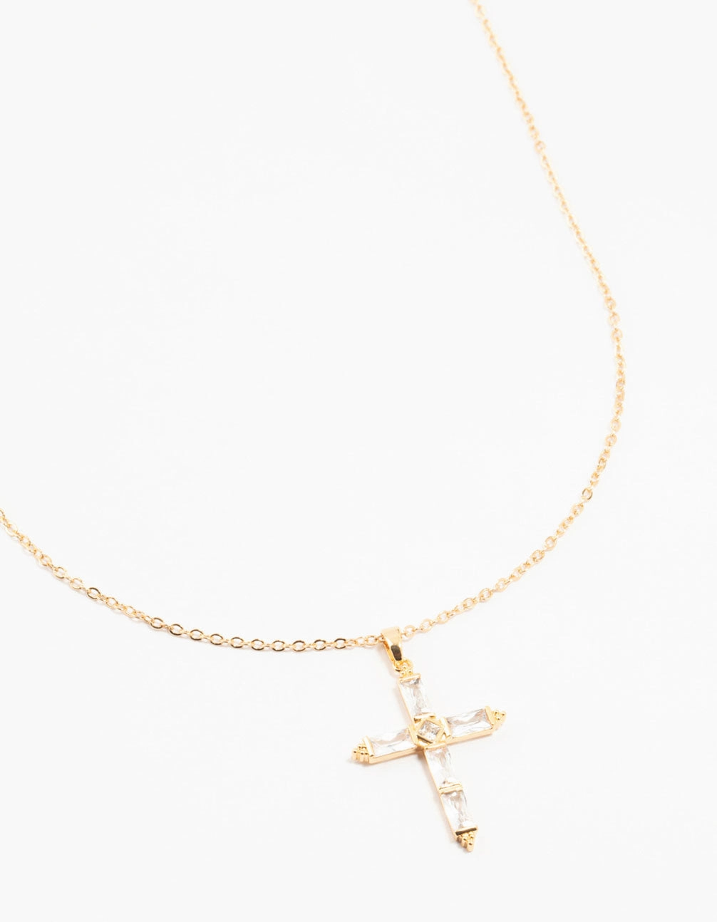 Fashionable Design Gold Plated Brass Large Baguette Cut Cubic Zirconia Cross Necklace