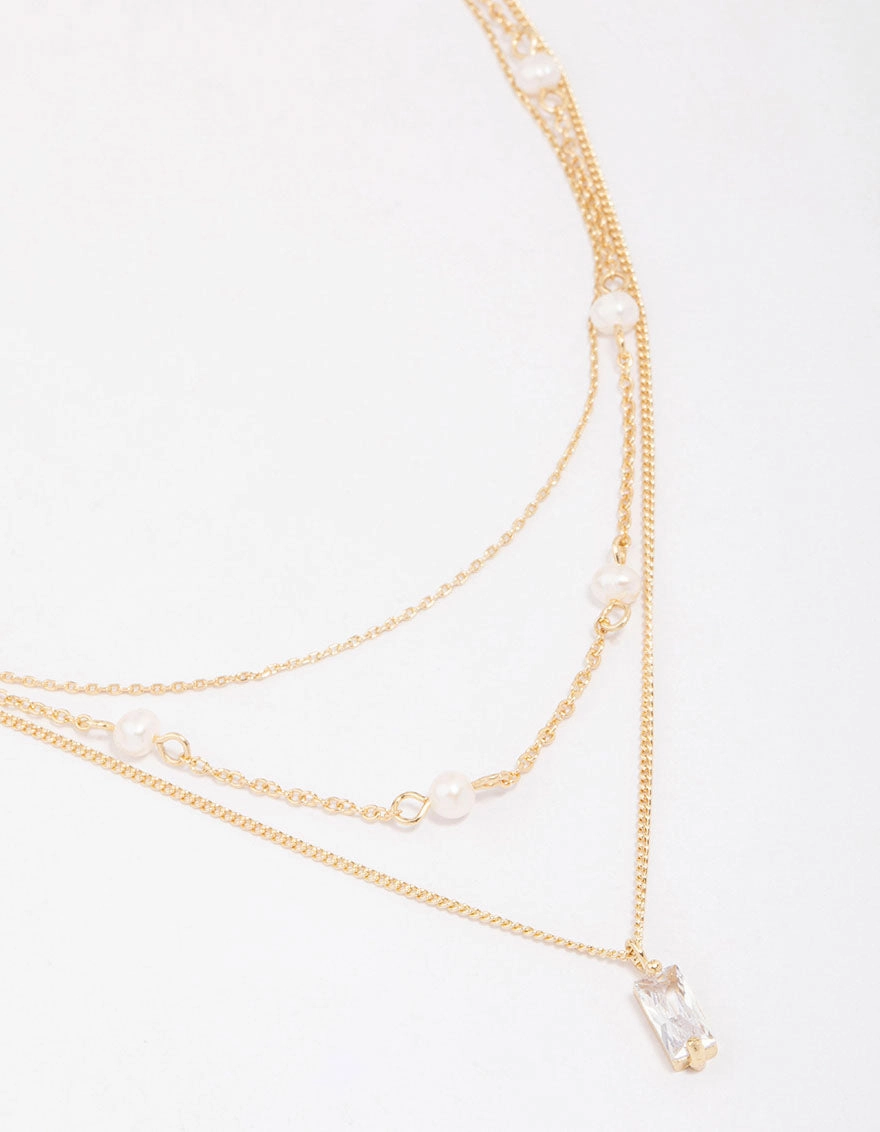 Gold Plated Brass Trio Pearl Baguette Layered Necklace Holiday Party Contemporary Highlight