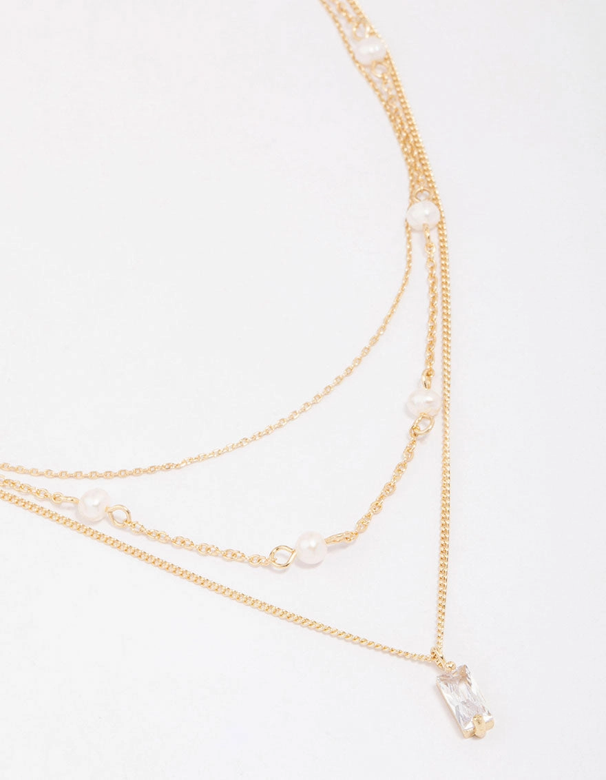 Gold Plated Brass Trio Pearl Baguette Layered Necklace Perennial Piece