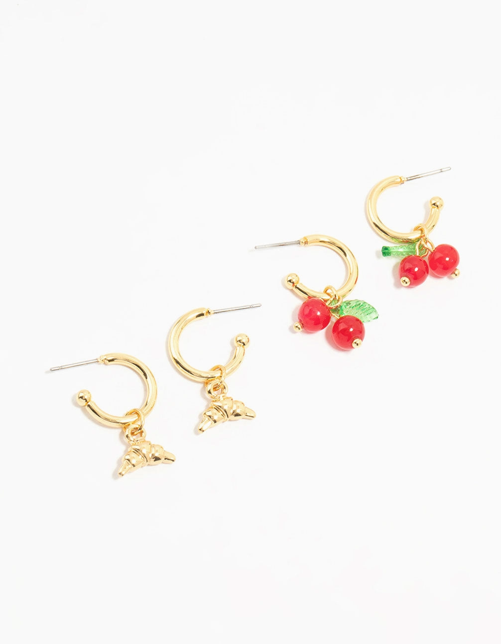 Beautiful Must-Have Elegant feature Gold Plated Cherry & Croissant Hoop Earrings 2-Pack