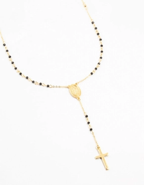 Refined Detail Gold Plated Cross Mary Beaded Necklace