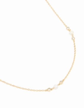 Casual Day Accessory Timeless Look Gold Plated Cubic Zirconia & Freshwater Pearl Dainty Station Necklace
