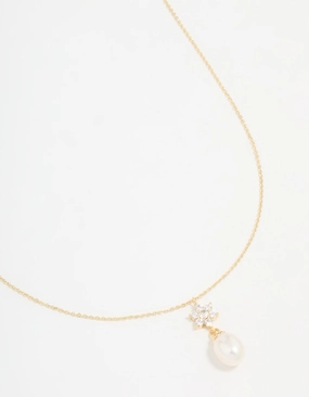 Gold Plated Cubic Zirconia & Pearl Flower Necklace Work Day Style Signature Sparkle