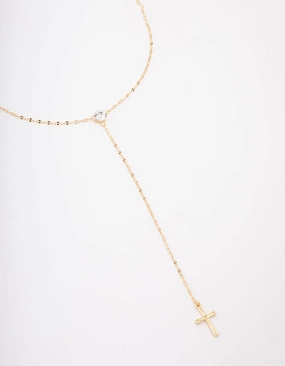 Gold Plated Cubic Zirconia Cross Lariat Necklace Occasional Accessory