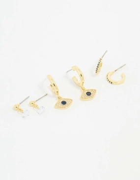 Polished Must-Have Gold Plated Cubic Zirconia Evil Eye Earrings 3-Pack