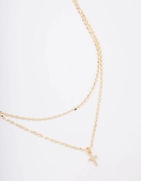 Soft Finish Gold Plated Cubic Zirconia Fine Cross Layered Necklace
