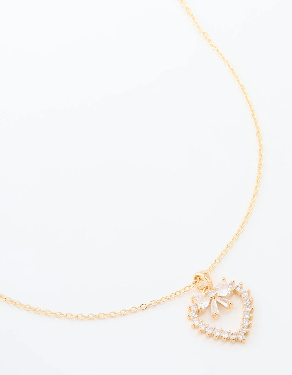Embellishing Piece Self Reward Gold Plated Cubic Zirconia Heart & Bow Pendant Necklace