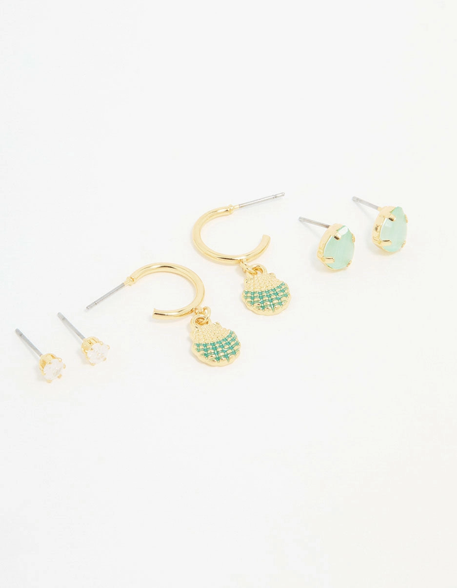 Sturdy Piece Pastel Ornament Gold Plated Cubic Zirconia Mermaid Earrings 3-Pack